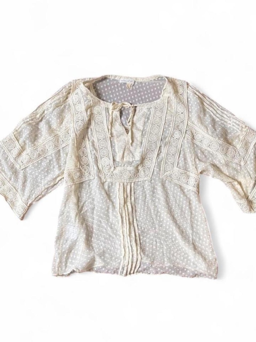 100% SILK Meadow Rue cream blouse with tie front and embroidered details.